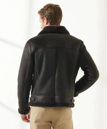 Men's Sheepskin Aviator Fur Leather Jacket in Black