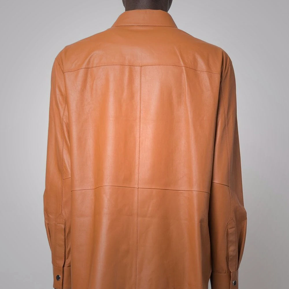 Men's Snap Button Closure Brown Leather Shirt