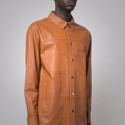 Men's Snap Button Closure Brown Leather Shirt