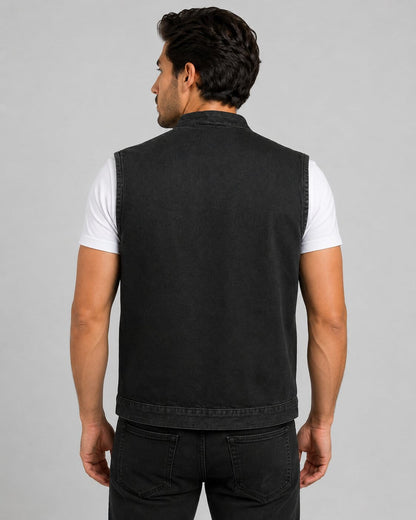 Men's Snap Front Denim Club Style Vest - Classic Rider Look back view by avanzar leather