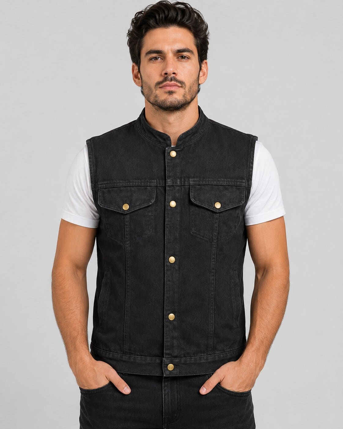 Men's Snap Front Denim Club Style Vest - Classic Rider Look front view by avanzar leather