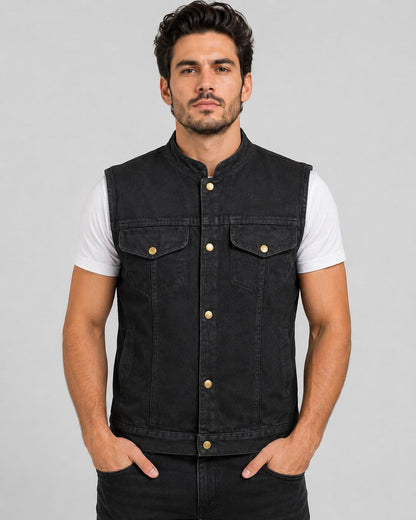 Men's Snap Front Denim Club Style Vest - Classic Rider Look front view by avanzar leather