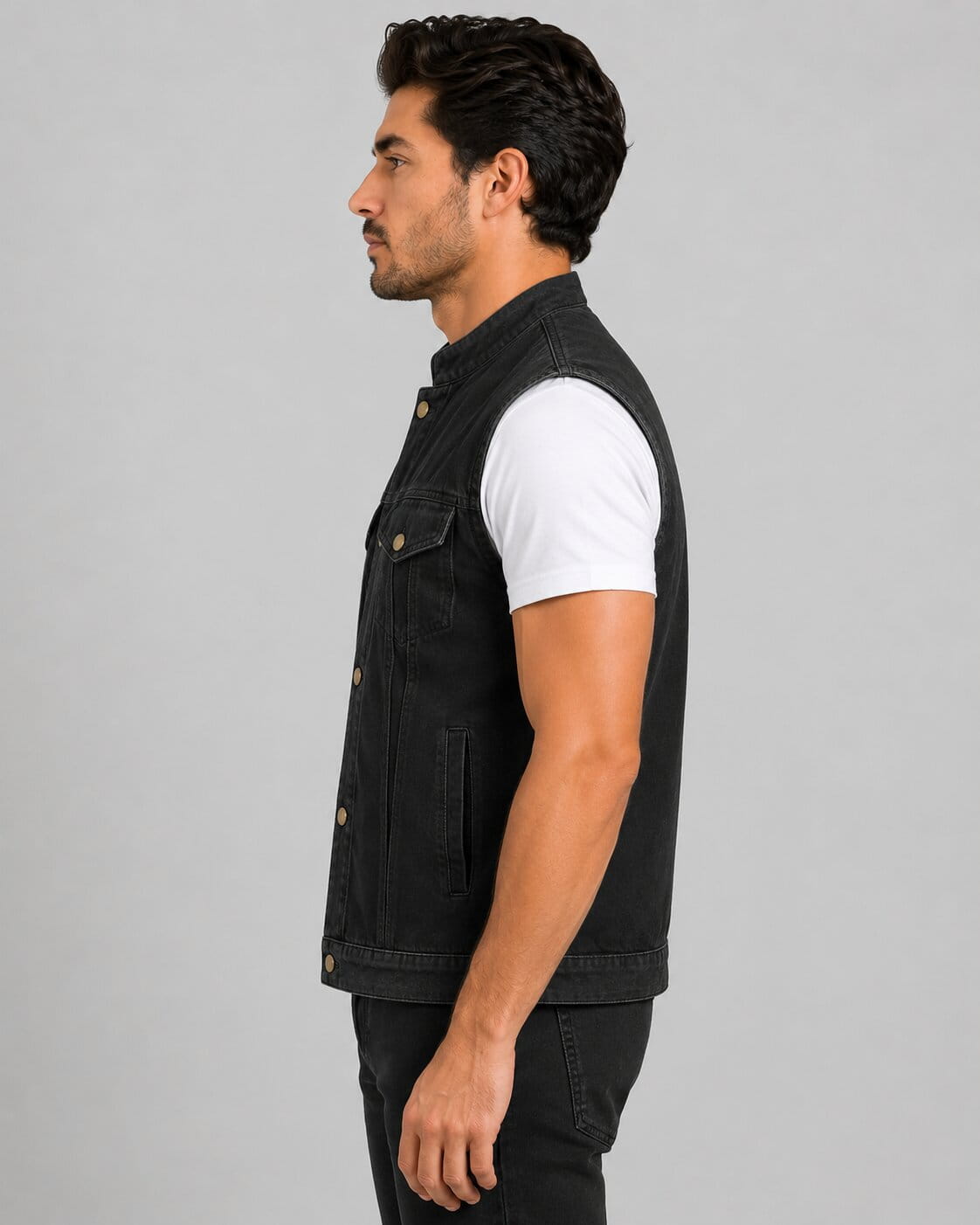 Men's Snap Front Denim Club Style Vest - Classic Rider Look sid view by avanzar leather