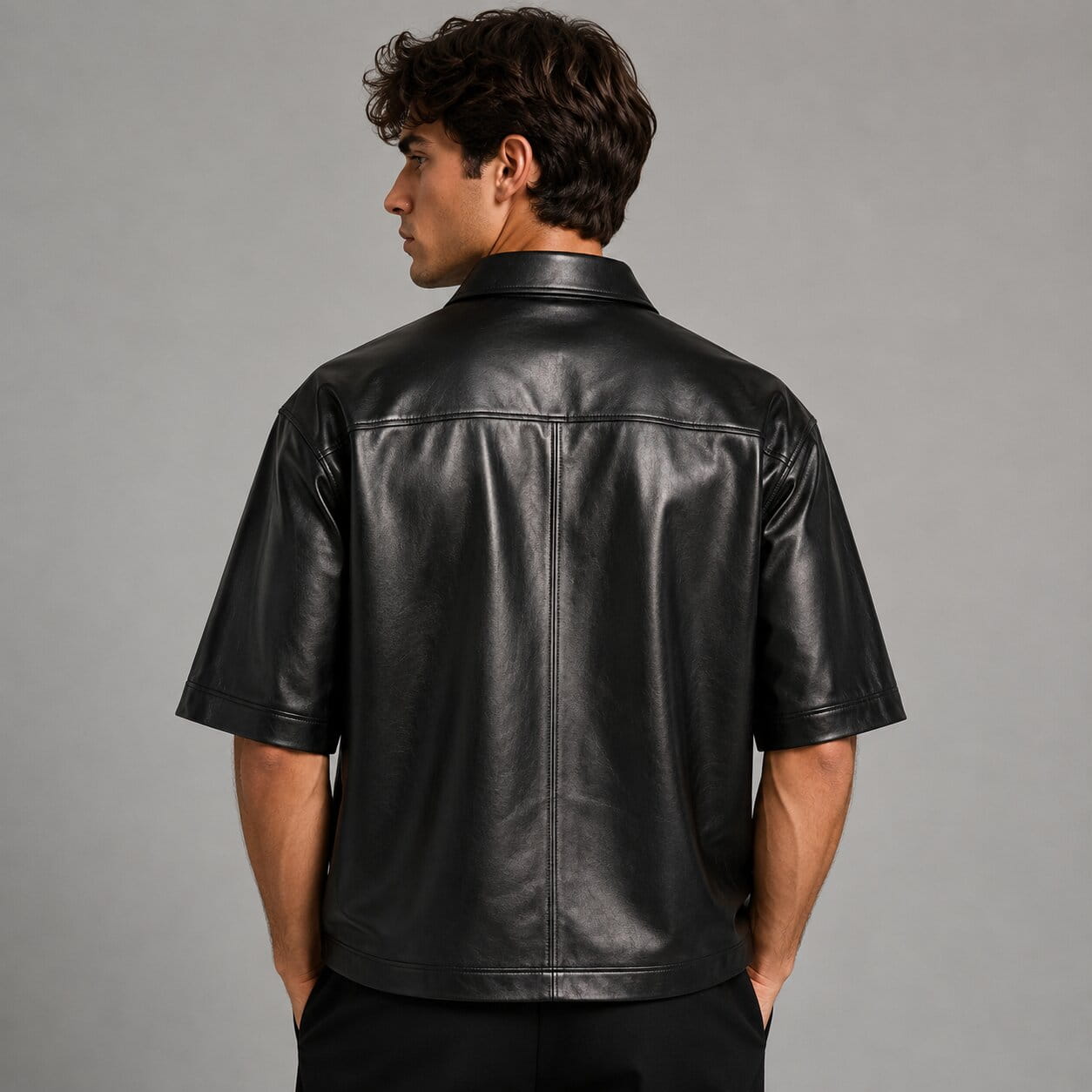 Men's Soft Sheepskin Black Leather Shirt - Half Sleeve Design back view by avanzar leather