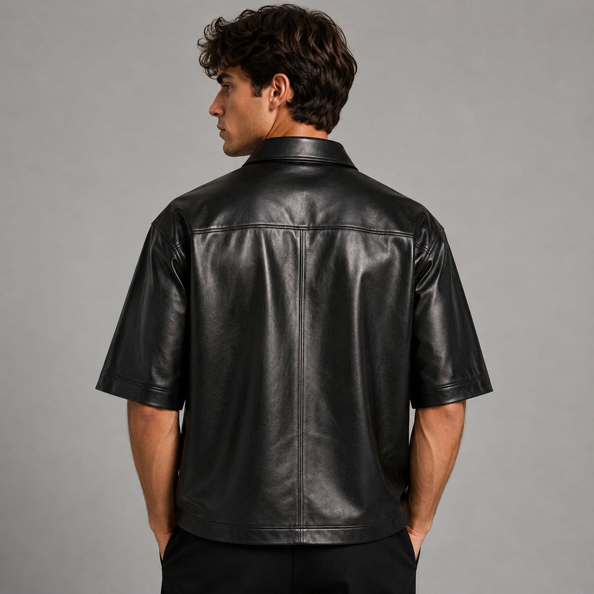 Men's Soft Sheepskin Black Leather Shirt - Half Sleeve Design back view by avanzar leather