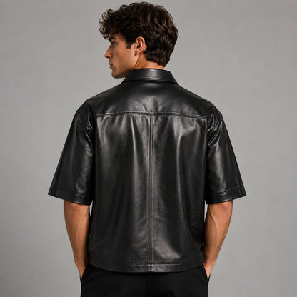 Men's Soft Sheepskin Black Leather Shirt - Half Sleeve Design back view by avanzar leather