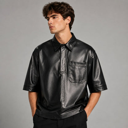 Men's Soft Sheepskin Black Leather Shirt - Half Sleeve Design front view by avanzar leather