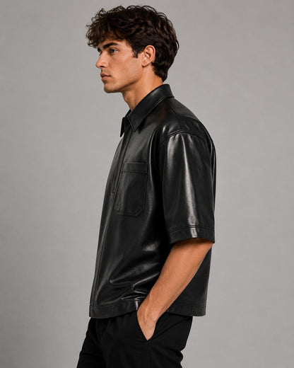 Men's Soft Sheepskin Black Leather Shirt - Half Sleeve Design sid view by avanzar leather