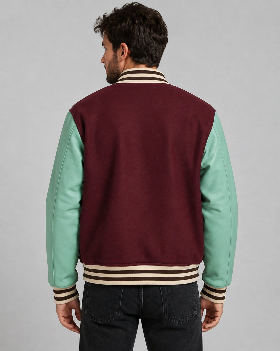 Men's Varsity Leather Bomber Jacket - Wine Red & Sky Blue back view by avanzar leaher