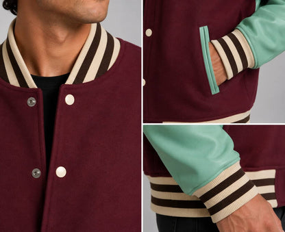 Men's Varsity Leather Bomber Jacket - Wine Red & Sky Blue closeup view by avanzar leaher