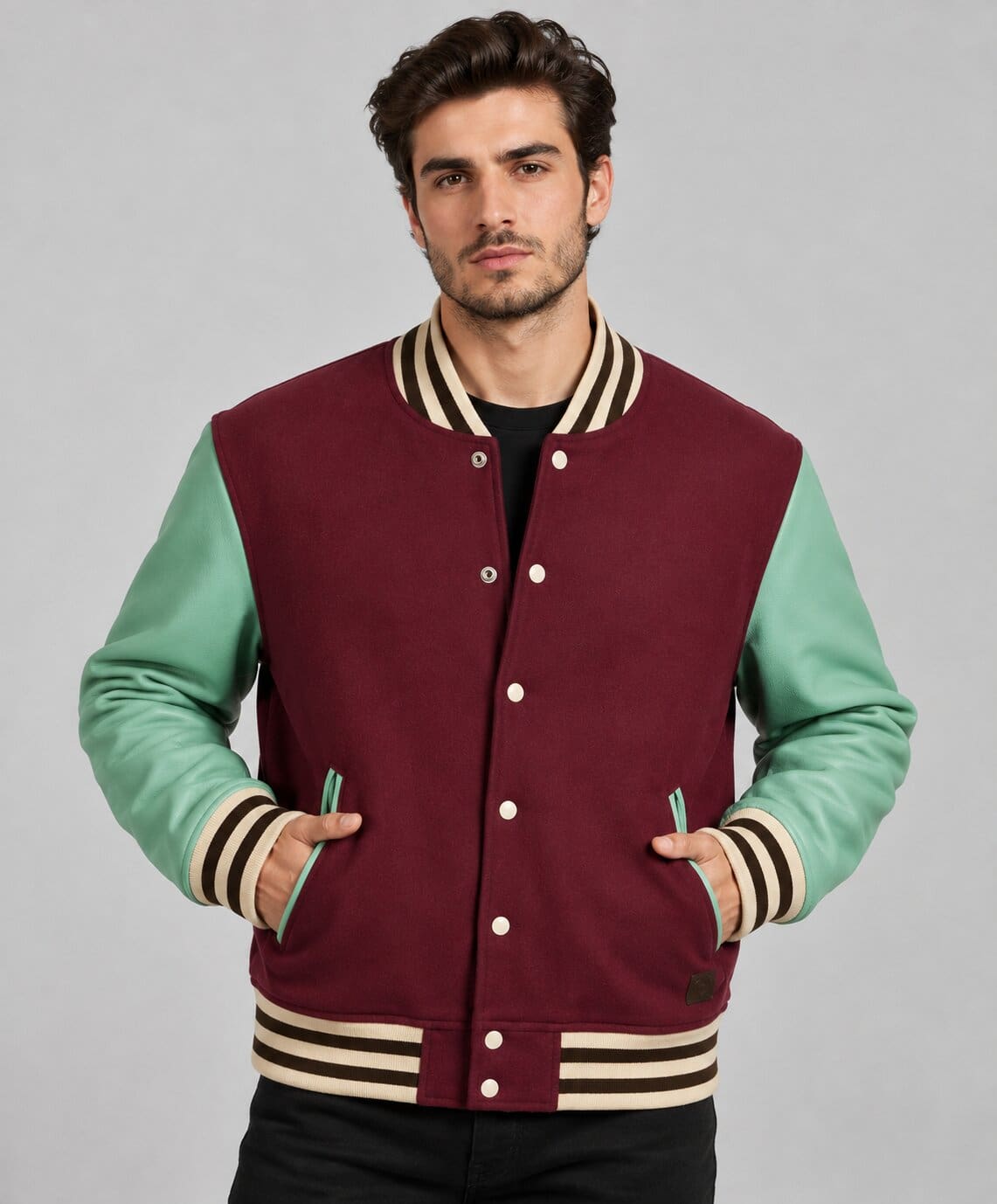 Men's Varsity Leather Bomber Jacket - Wine Red & Sky Blue front view by avanzar leaher