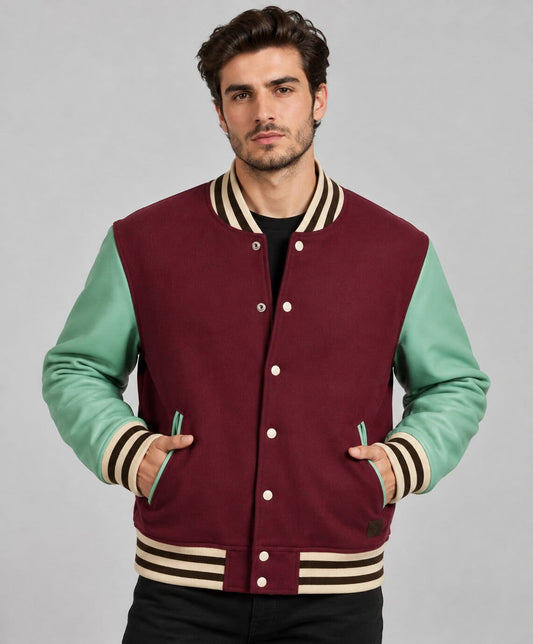 Men's Varsity Leather Bomber Jacket - Wine Red & Sky Blue front view by avanzar leaher