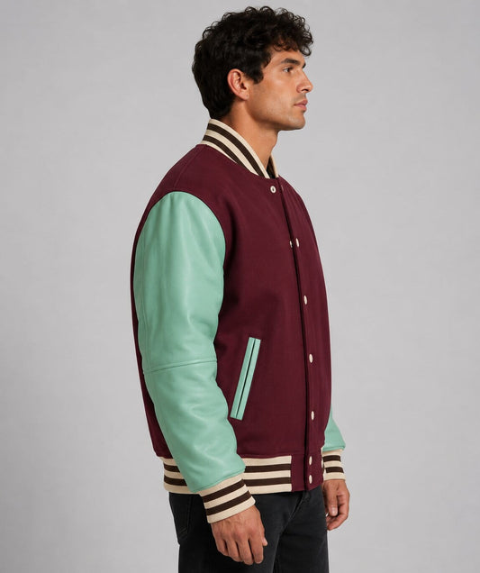 Men's Varsity Leather Bomber Jacket - Wine Red & Sky Blue sid view by avanzar leaher
