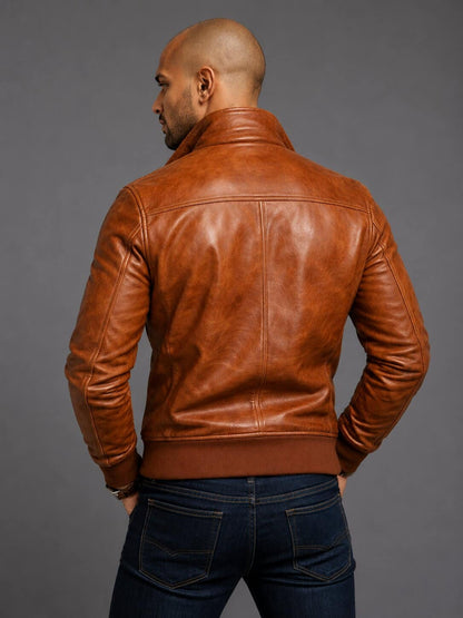 Back view handmade brown leather bomber jacket men by avanzar leather