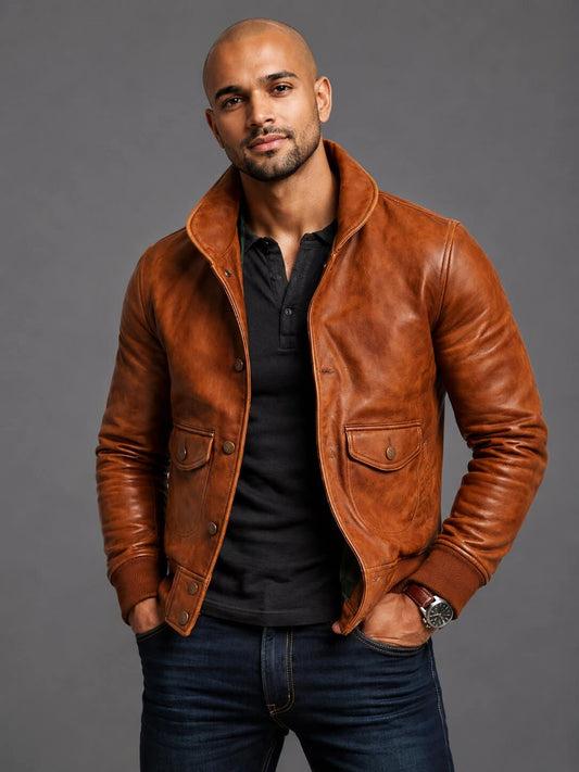 Front view men’s vintage brown leather bomber jacket by avanzar leather