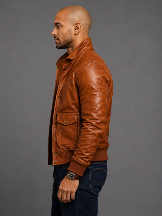 Side profile vintage brown leather bomber jacket by avanzar leather