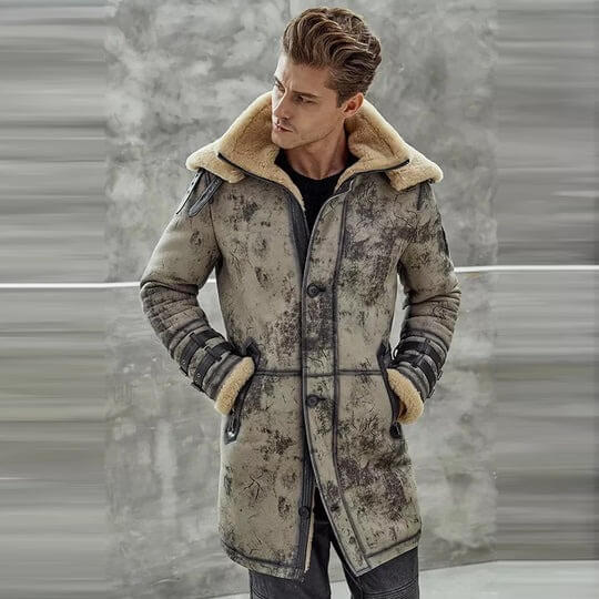 Men's Waxed B3 RAF Flying Double Collar Sheepskin Shearling Leather Long Jacket Coat