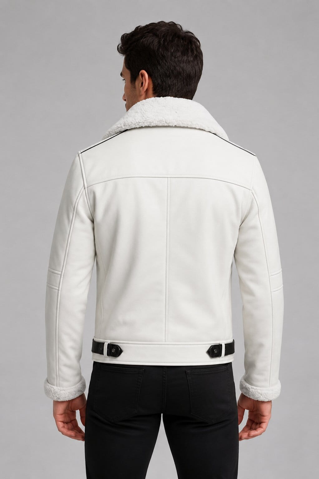 Men White Sheepskin B3 Aviator Jacket Shearling Lined Bomber back view by avanzar leather