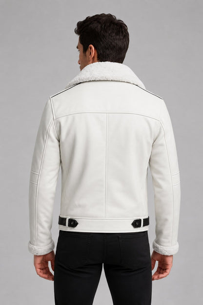 Men White Sheepskin B3 Aviator Jacket Shearling Lined Bomber back view by avanzar leather