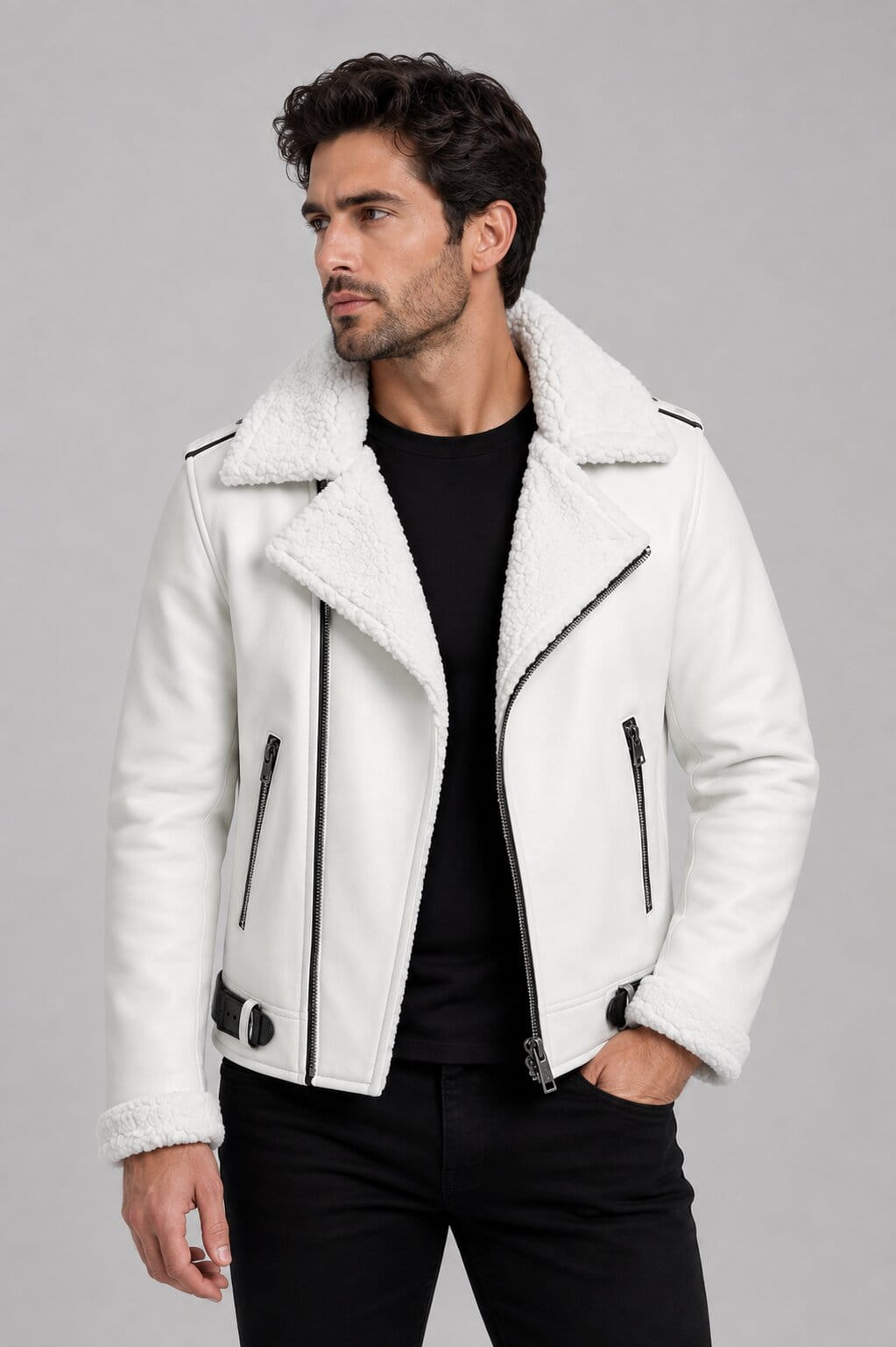 Men White Sheepskin B3 Aviator Jacket Shearling Lined Bomber front view by avanzar leather