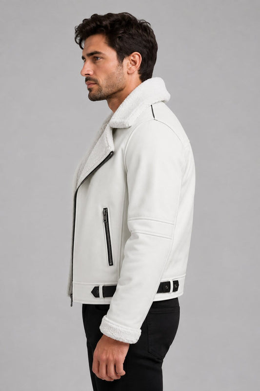 Men White Sheepskin B3 Aviator Jacket Shearling Lined Bomber sid view by avanzar leather
