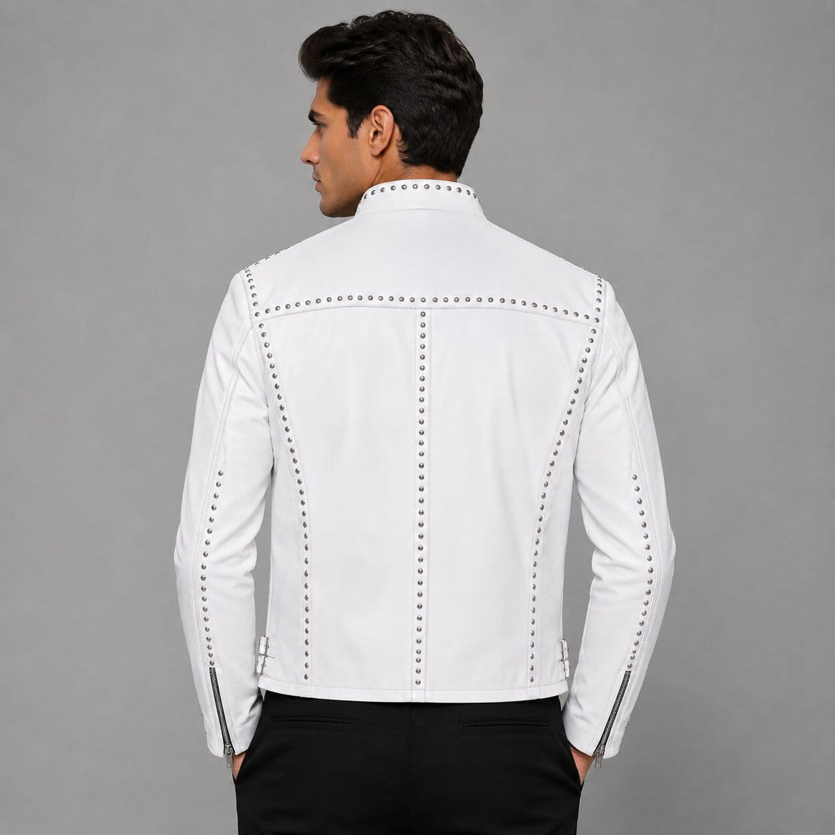 Men's White Studded Brando Leather Biker Jacket - Bold Style back view by avanzar leather
