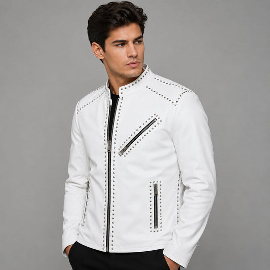 Men's White Studded Brando Leather Biker Jacket - Bold Style front view by avanzar leather