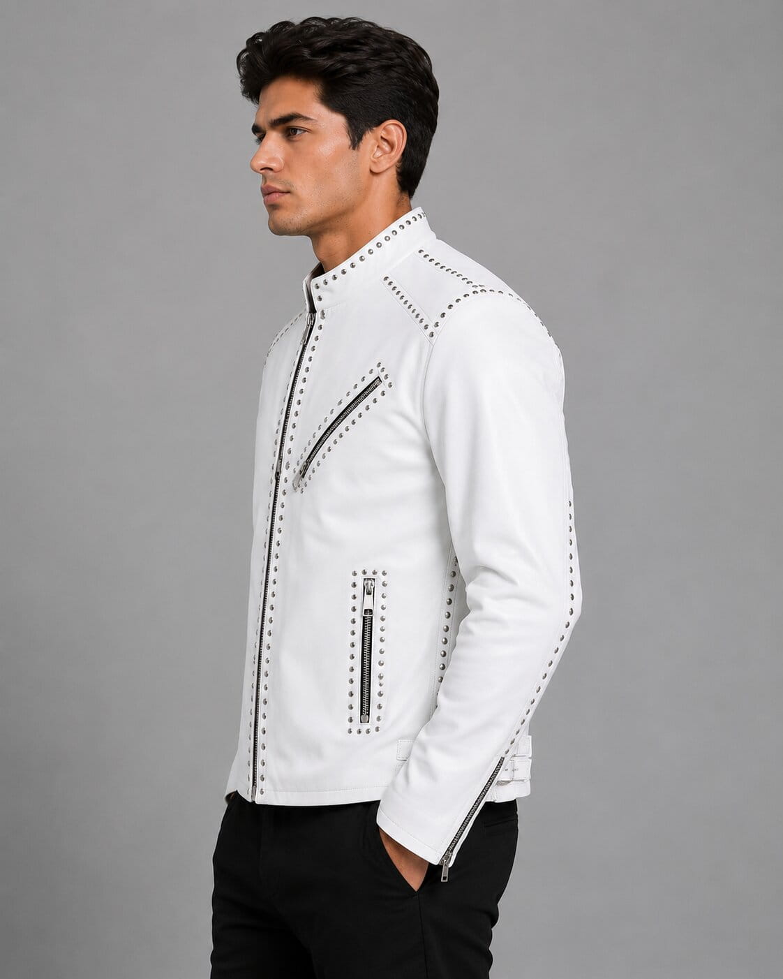 Men's White Studded Brando Leather Biker Jacket - Bold Style sid view by avanzar leather