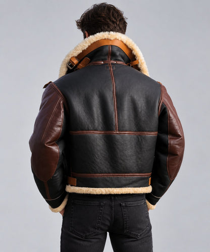 Men’s B3 Shearling Leather Bomber Jacket - Genuine Sheepskin RAF Aviator Coat back view by avanzar leather