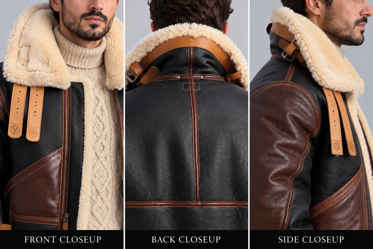 Men’s B3 Shearling Leather Bomber Jacket - Genuine Sheepskin RAF Aviator Coat closeup view by avanzar leather
