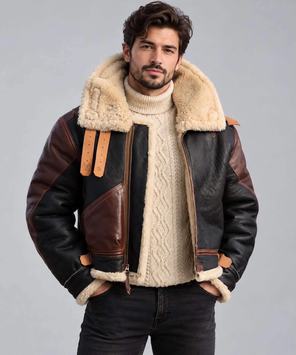 Men’s B3 Shearling Leather Bomber Jacket - Genuine Sheepskin RAF Aviator Coat front view by avanzar leather
