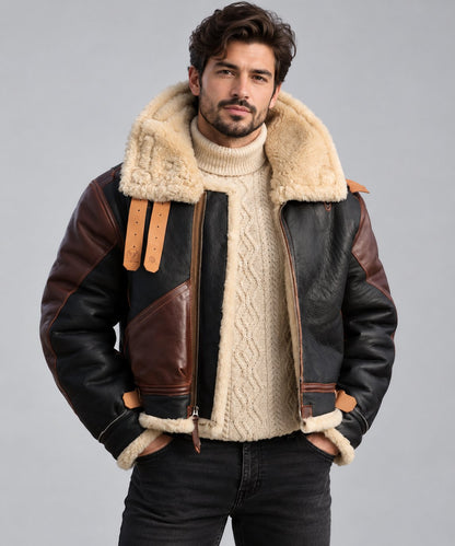 Men’s B3 Shearling Leather Bomber Jacket - Genuine Sheepskin RAF Aviator Coat front view by avanzar leather