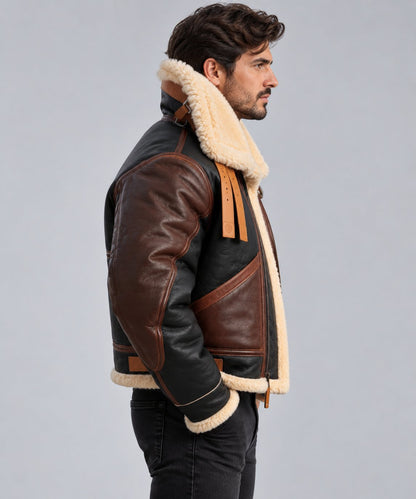 Men’s B3 Shearling Leather Bomber Jacket - Genuine Sheepskin RAF Aviator Coat sid view by avanzar leather