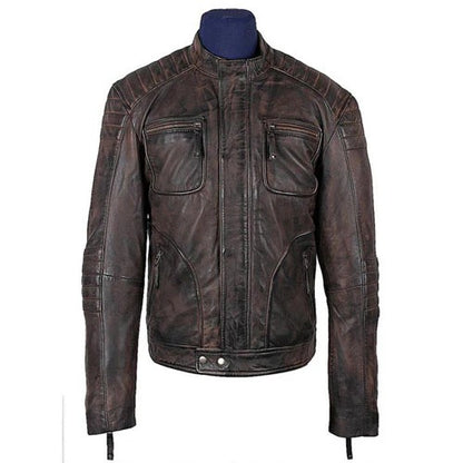 Men’s Benton Distressed Brown Moto Style Leather Jacket Rugged Biker Classic