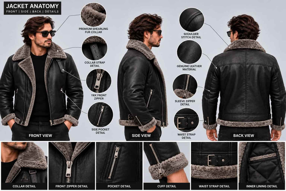 Men's Black B3 Sheepskin Aviator Jacket with Grey Shearling Collar anatomy view by avanzar leather