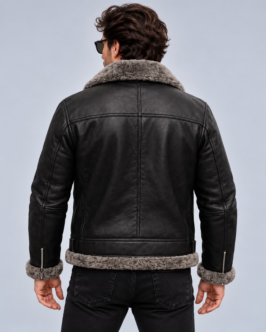 Men's Black B3 Sheepskin Aviator Jacket with Grey Shearling Collar back view by avanzar leather