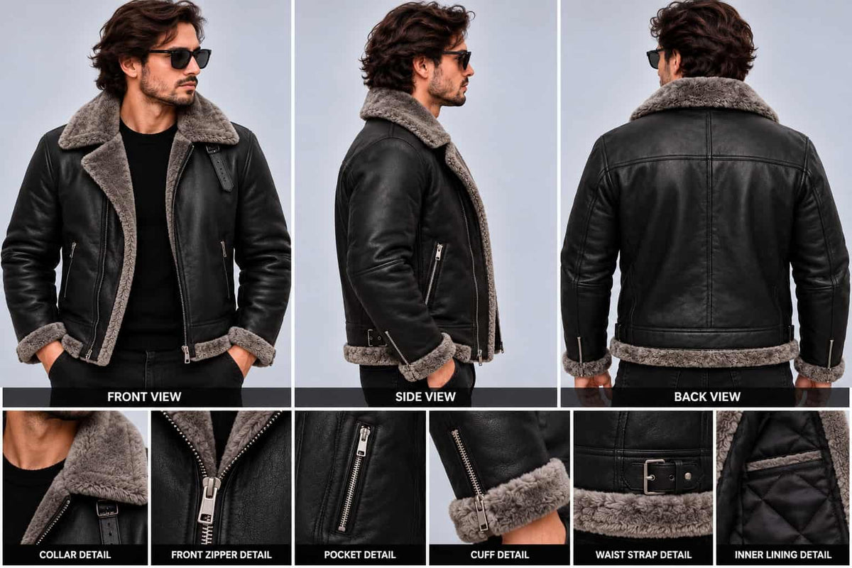 Men's Black B3 Sheepskin Aviator Jacket with Grey Shearling Collar closeup view by avanzar leather