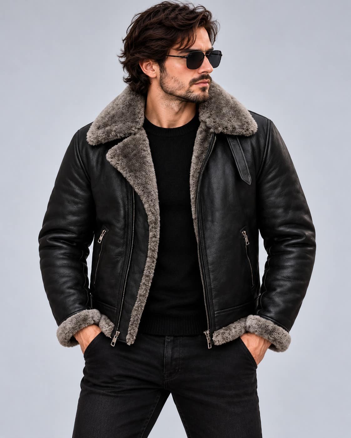Men's Black B3 Sheepskin Aviator Jacket with Grey Shearling Collar front view by avanzar leather