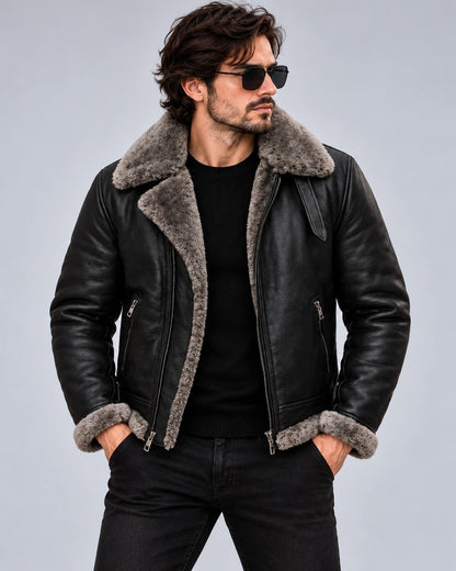 Men's Black B3 Sheepskin Aviator Jacket with Grey Shearling Collar front view by avanzar leather