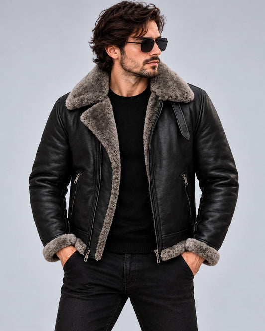Men's Black B3 Sheepskin Aviator Jacket with Grey Shearling Collar front view by avanzar leather