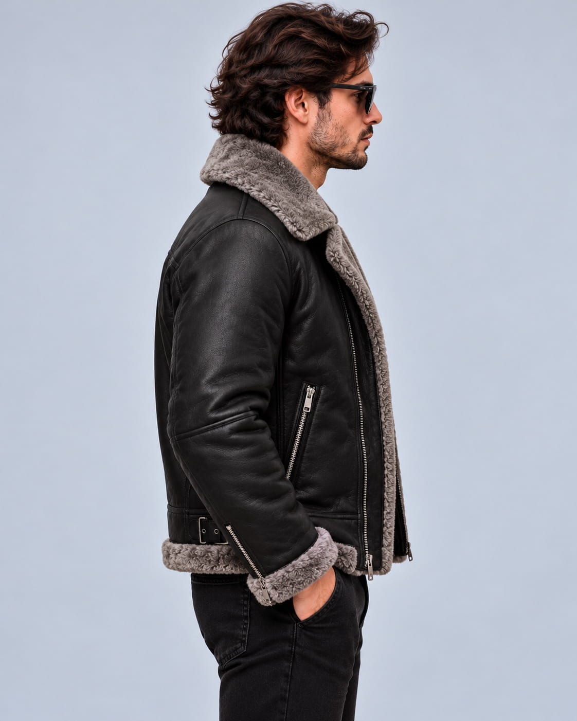 Men's Black B3 Sheepskin Aviator Jacket with Grey Shearling Collar sid view by avanzar leather