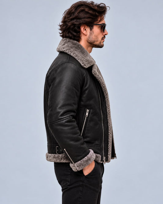 Men's Black B3 Sheepskin Aviator Jacket with Grey Shearling Collar sid view by avanzar leather
