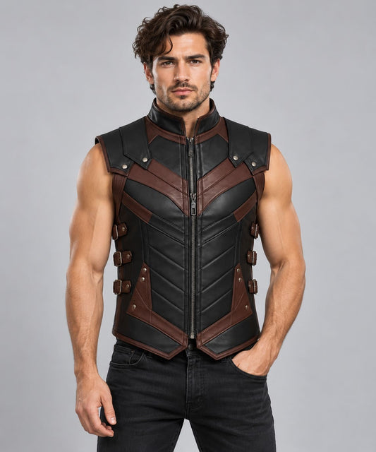 Men's Black & Brown Leather Armor Vest with Side Buckles front view by avanzar leather
