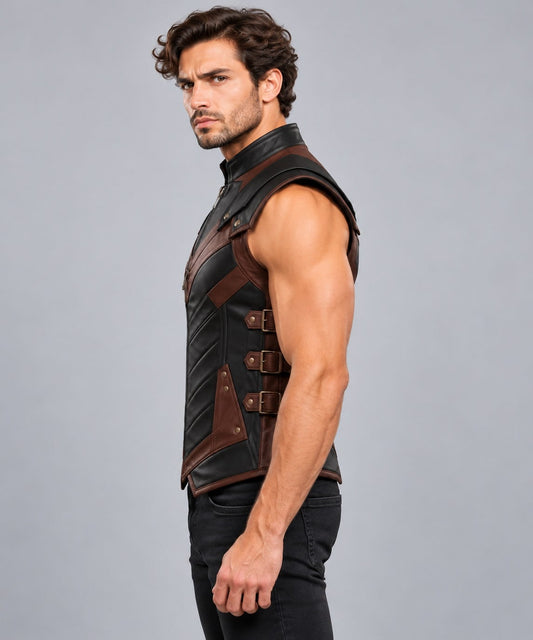 Men's Black & Brown Leather Armor Vest with Side Buckles sid view by avanzar leather