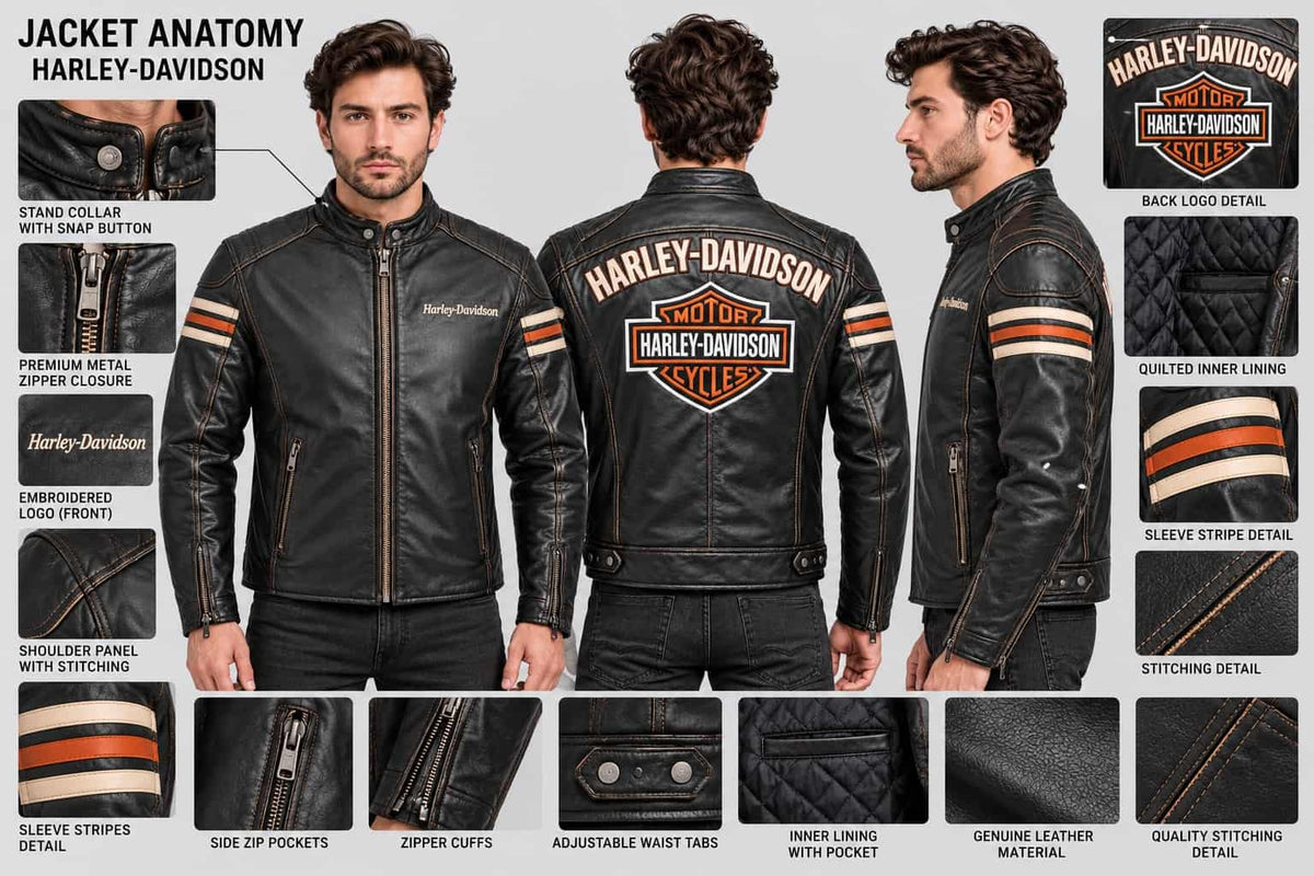 Men's Black Cowhide Racing Biker Jacket – Inspired by Harley-Davidson anatomy view by avanzar leather