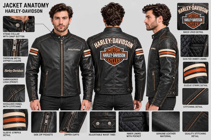Men's Black Cowhide Racing Biker Jacket – Inspired by Harley-Davidson anatomy view by avanzar leather