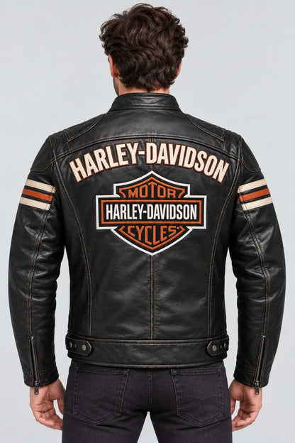 Men's Black Cowhide Racing Biker Jacket – Inspired by Harley-Davidson back view by avanzar leather