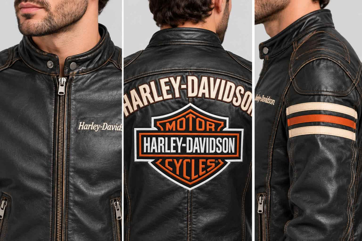 Men's Black Cowhide Racing Biker Jacket – Inspired by Harley-Davidson closeup view by avanzar leather