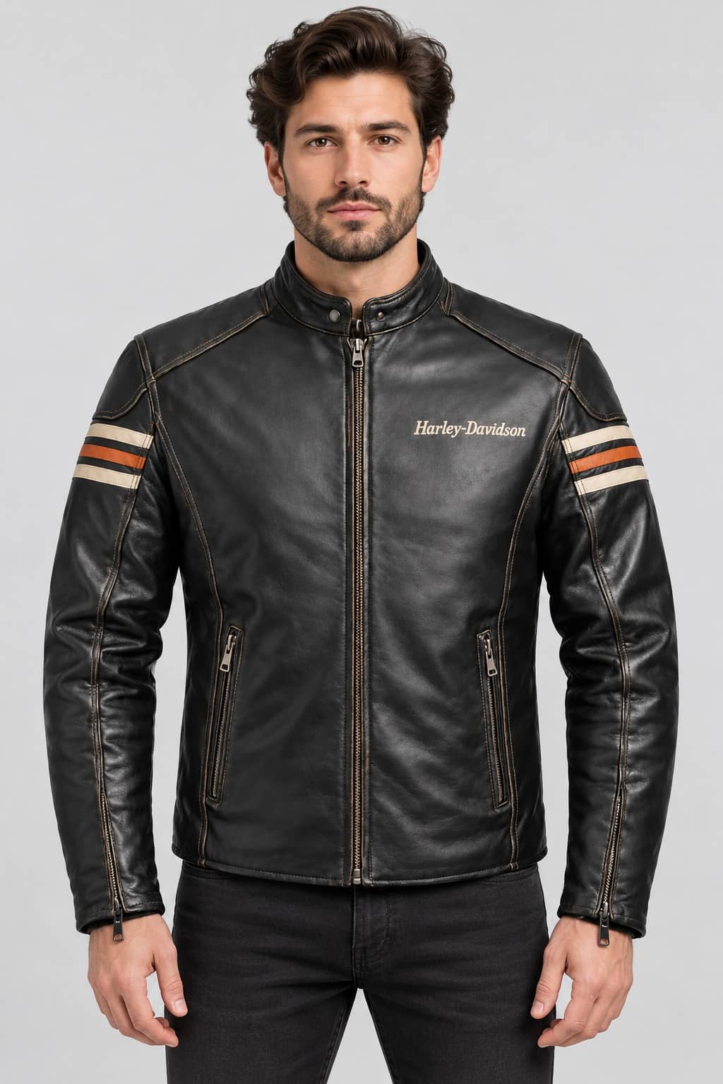 Men's Black Cowhide Racing Biker Jacket – Inspired by Harley-Davidson front view by avanzar leather