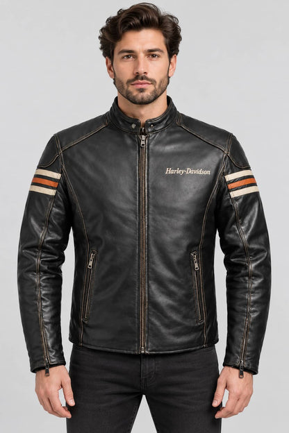 Men's Black Cowhide Racing Biker Jacket – Inspired by Harley-Davidson front view by avanzar leather